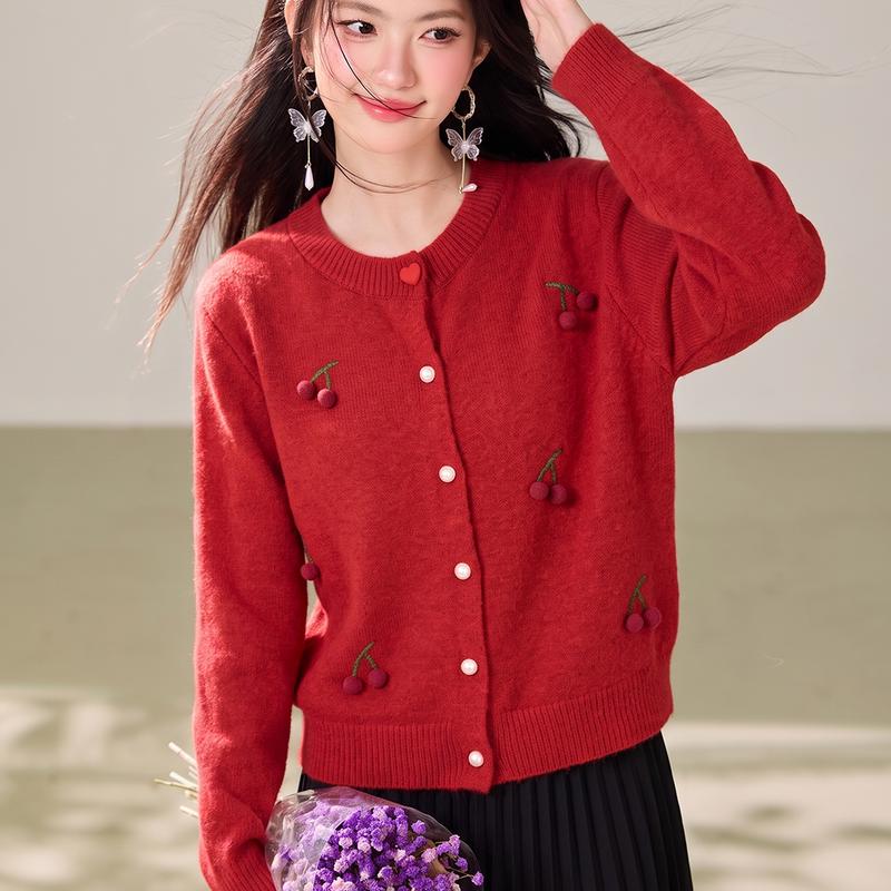 La Chapelle Women's Cherry Embroidery Knit Cardigan