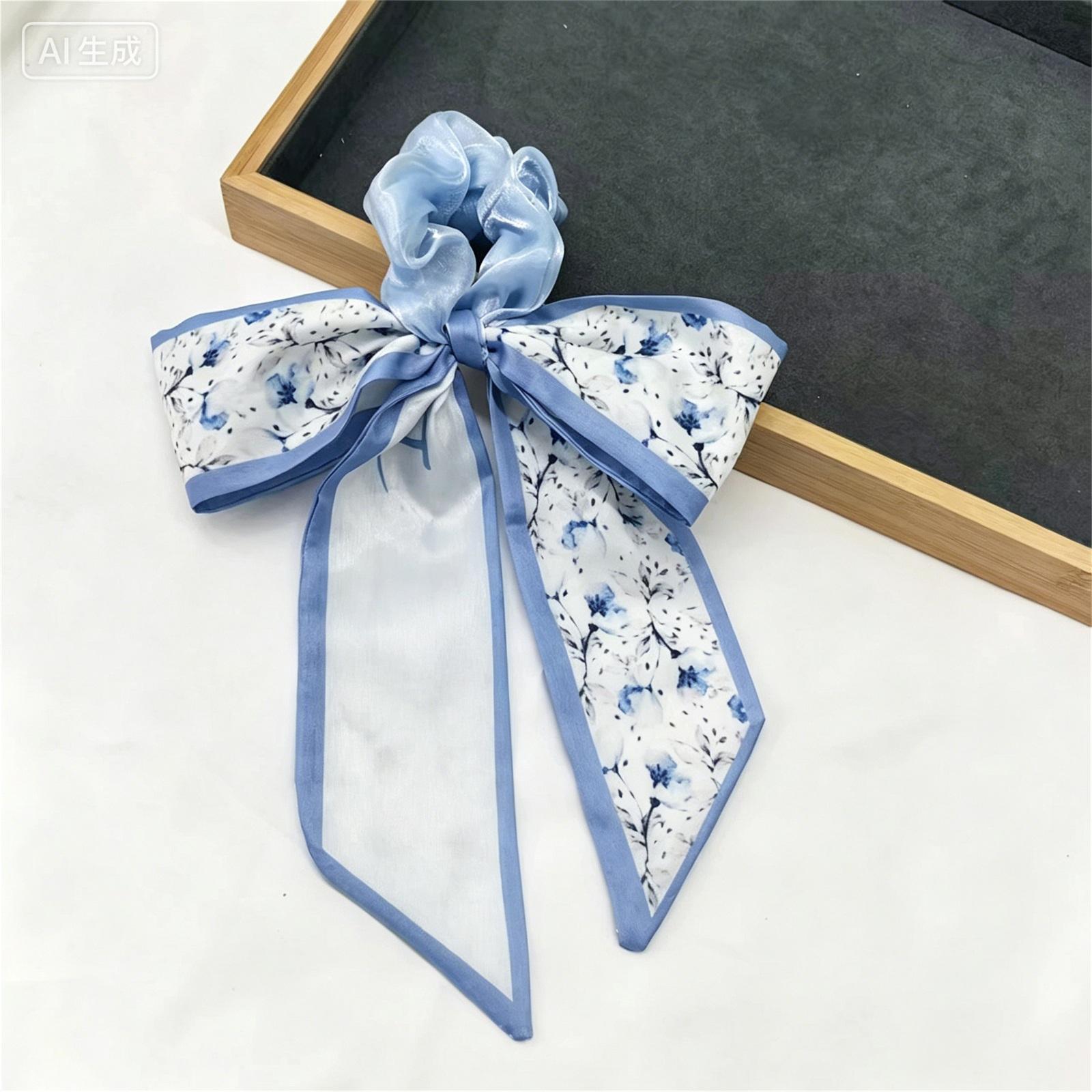 Bow Hair Scrunchie with Long Ribbon Floral Pattern Elastic Hair Tie for Women Girls Durable Soft Fabric Hair Accessory One Size