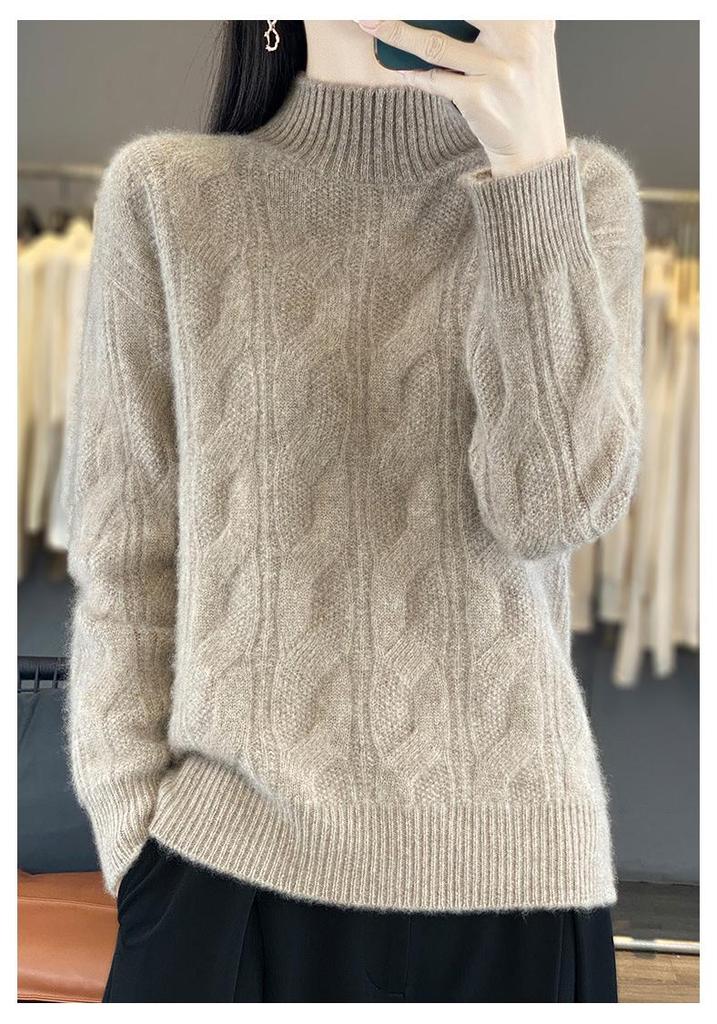 Women’s 100% Pure Wool Cable Knit Sweater - Half-High Neck, Loose Fit, Winter Pullover