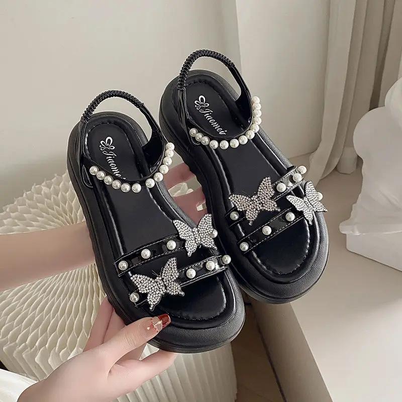 Fashion Sandals for Women Pearl Diamond Korea Sandal Luxury Summer Asian Size Woman Shoes Vintage Comfortable and Elegant 2025 Footwear
