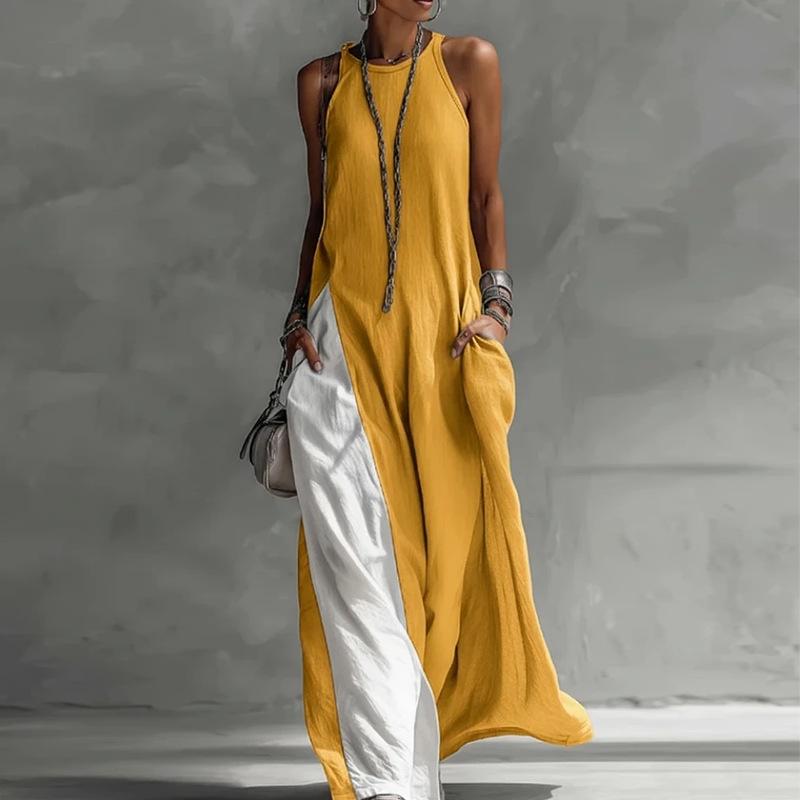 Spring New Women's Clothing, European and American, Fashionable and Elegant Color Contrasting Neck Sleeveless Dress