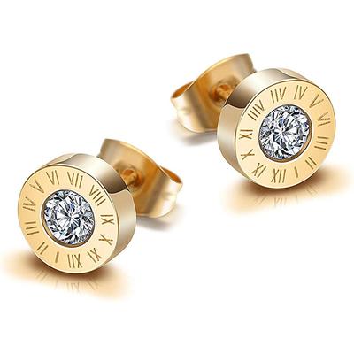 316 Stainless Steel Round Shine AAA CZ 10MM Diameter Roman Numeral Stud Earrings for Women High Quality Brand Jewelry
