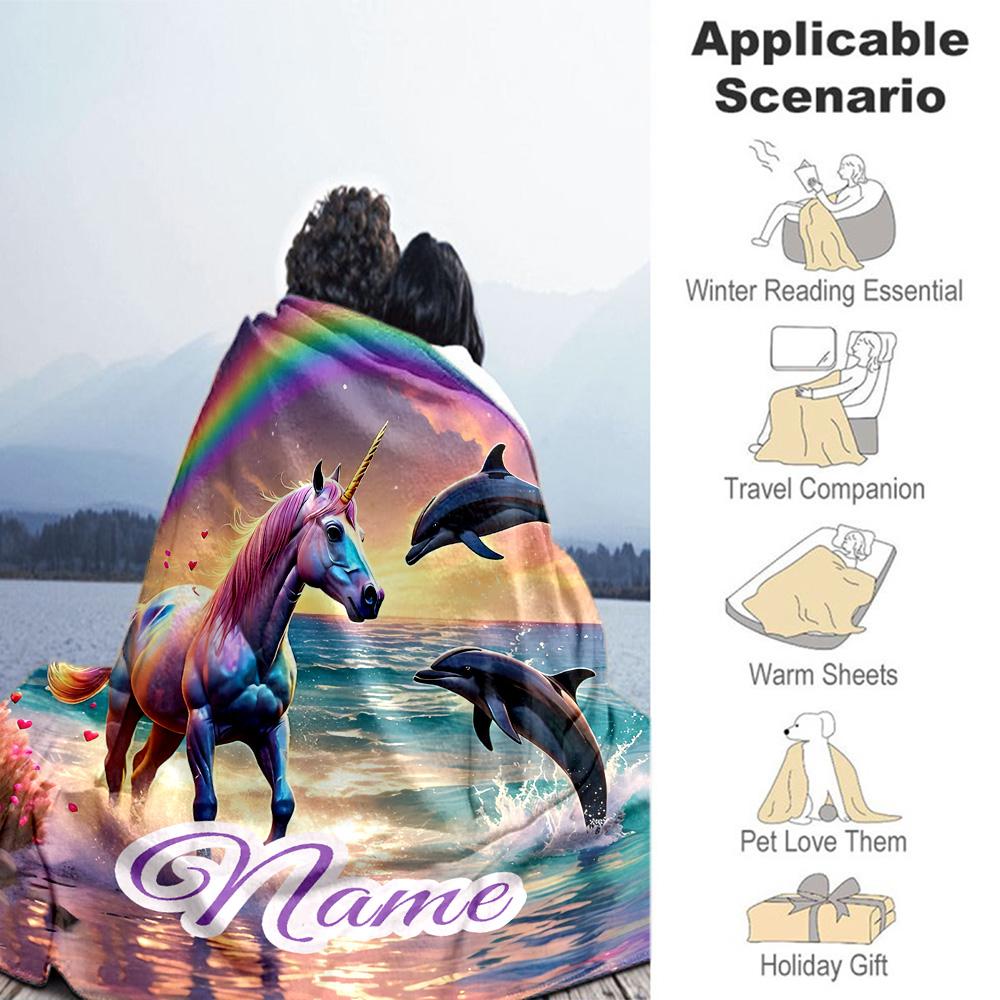 Unicorns Dolphins Customize Text Blanket Lightweight Personalized Blanket Soft Warm Cozy Throw For Seaside Bedding Picnics Living Room