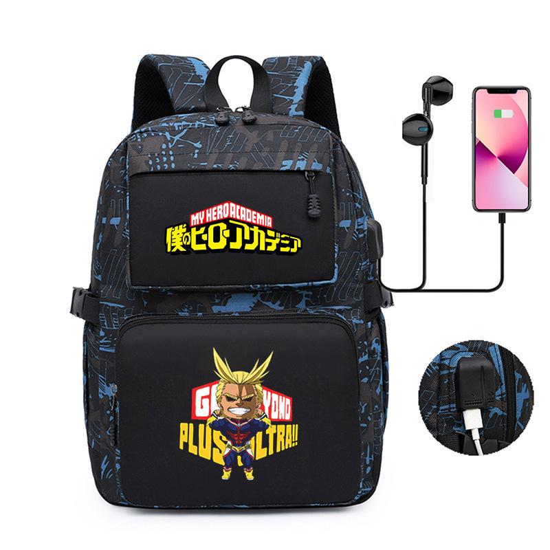 Riman My Hero Academy Cartoon Pattern Backpack, Large Capacity Student School Bag Usb Computer Bag