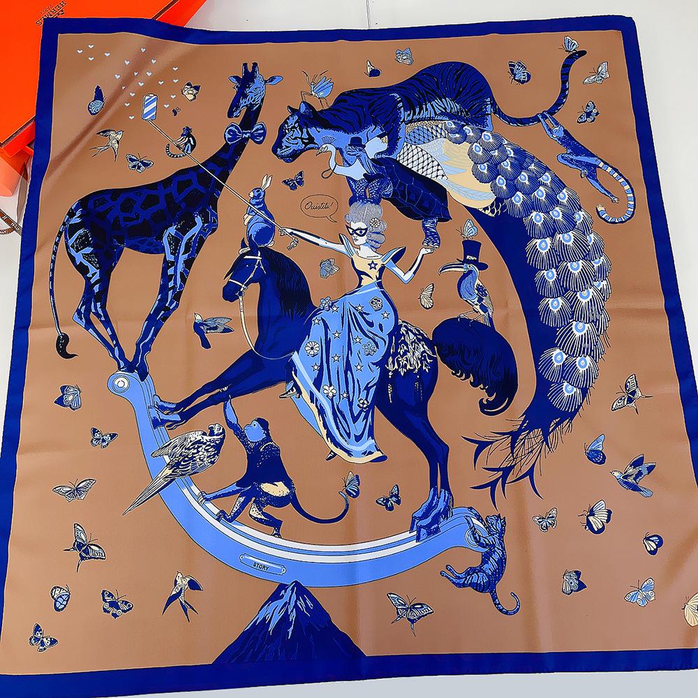 Manual Hand Rolled Twill Silk Scarf Women Animals Print Square Scarves Wraps Echarpes Curled Foulards Femme Bandana Hijab 90CM