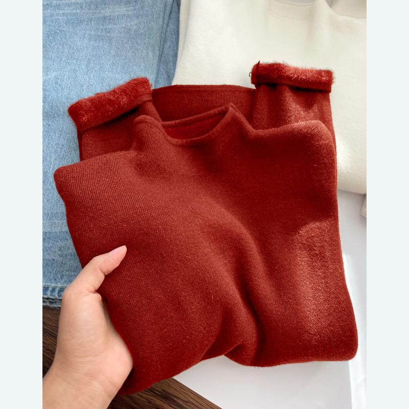 White Knitted Fleece Lined Half High Collar Sweater Women's Fashion Autumn Winter Inner Wear Base Shirt Integrated Fleece Top
