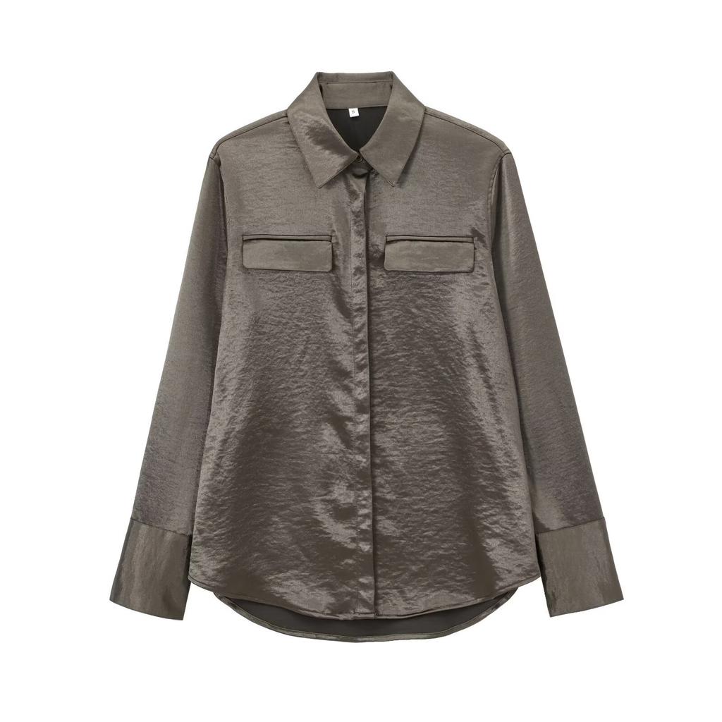 European and American women's clothing 1116 spring new lapel versatile retro double pocket long-sleeved shirt shirt