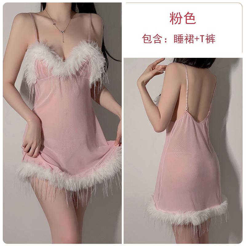

Sexy mesh plush splicing perspective temptation suspender nightdress robe women s pure desire pajama set XL
