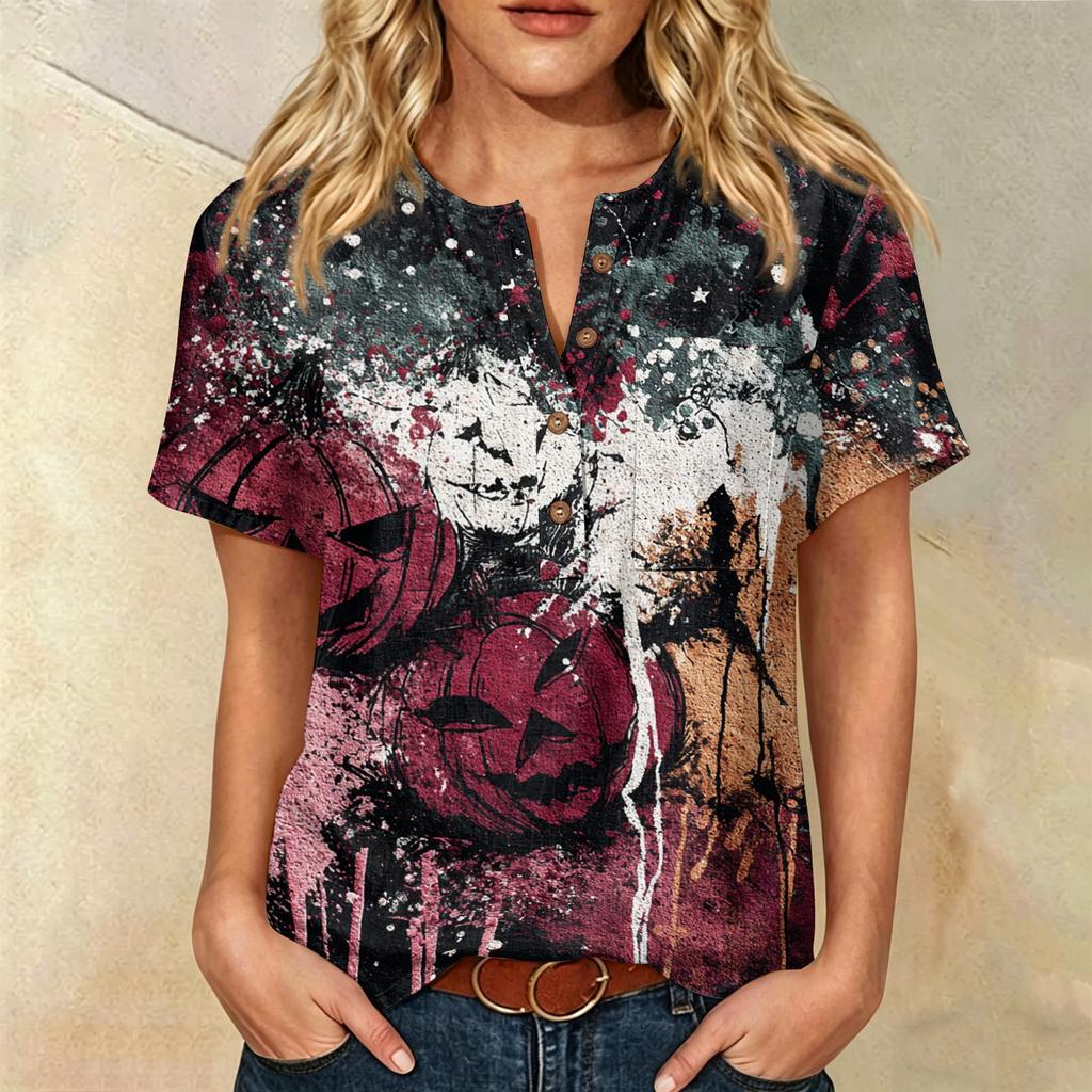 Women Casual Short Sleeve Henley Shirt Cotton Linen Blend Halloween Print Front Pocket Button Neck Blouse