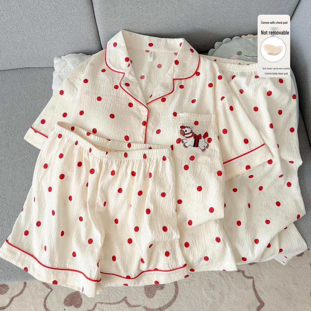 Women's Summer Cartoon Pajama Set: Short-Sleeved, Thin, 3-Piece with Chest Pads Suitable for Home or Outdoor Wear
