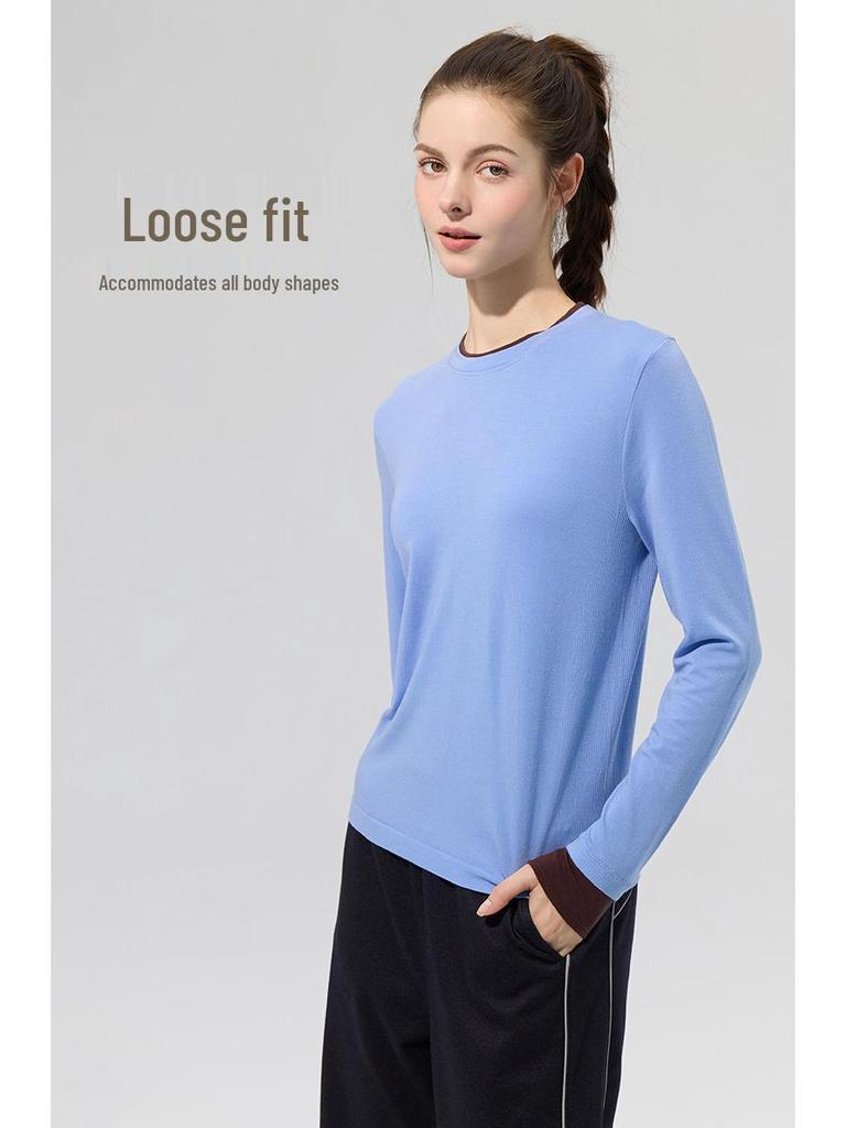 Merino Wool Seamless Color Block Two-Piece Sports Long Sleeve T-Shirt