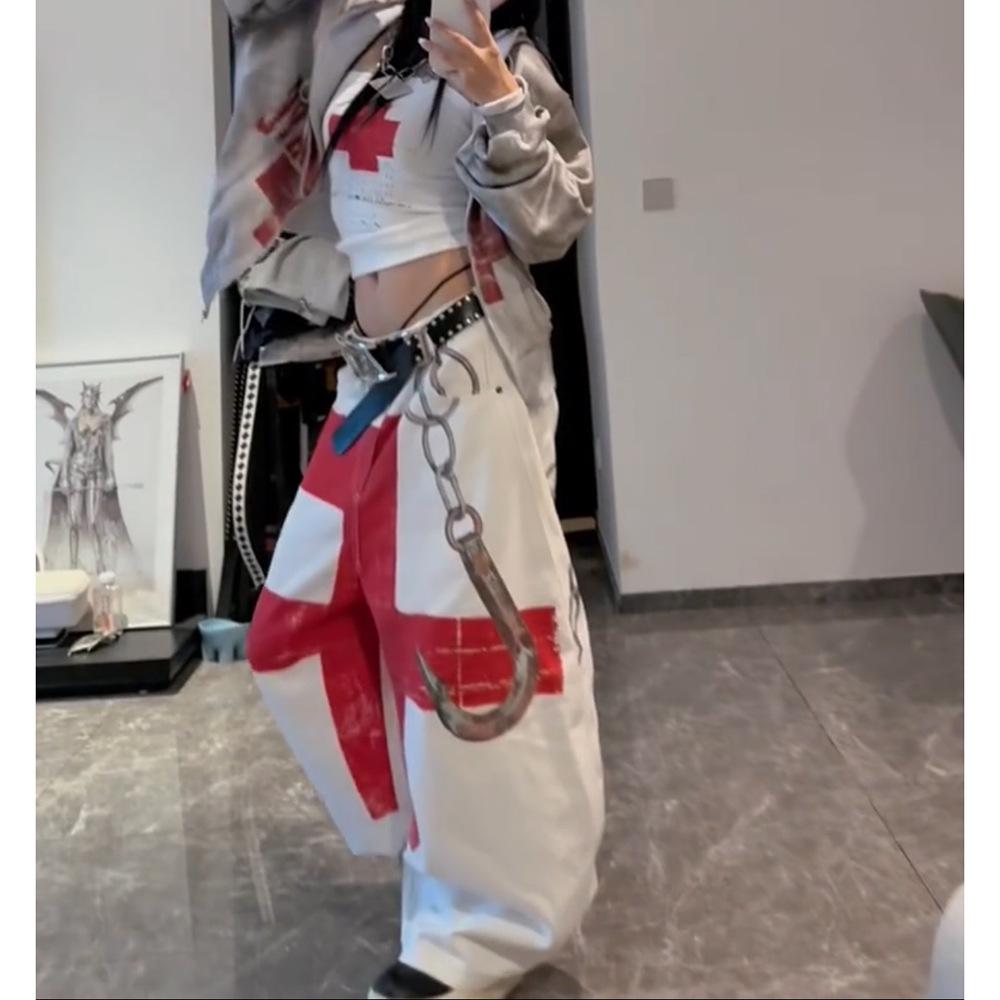 Maßgeschneiderte Unisex Streetwear Weiße Jeans mit weitem Bein und Kettenprint