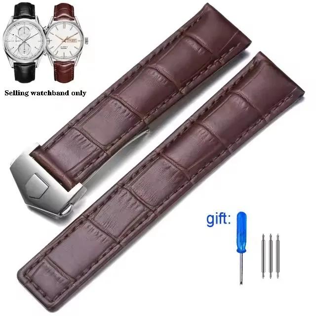 20mm 22mm 24mm Genuine Leather Watchbands for Tag Heuer Series Elastic Waterproof Cowhide Strap Folding Buckle