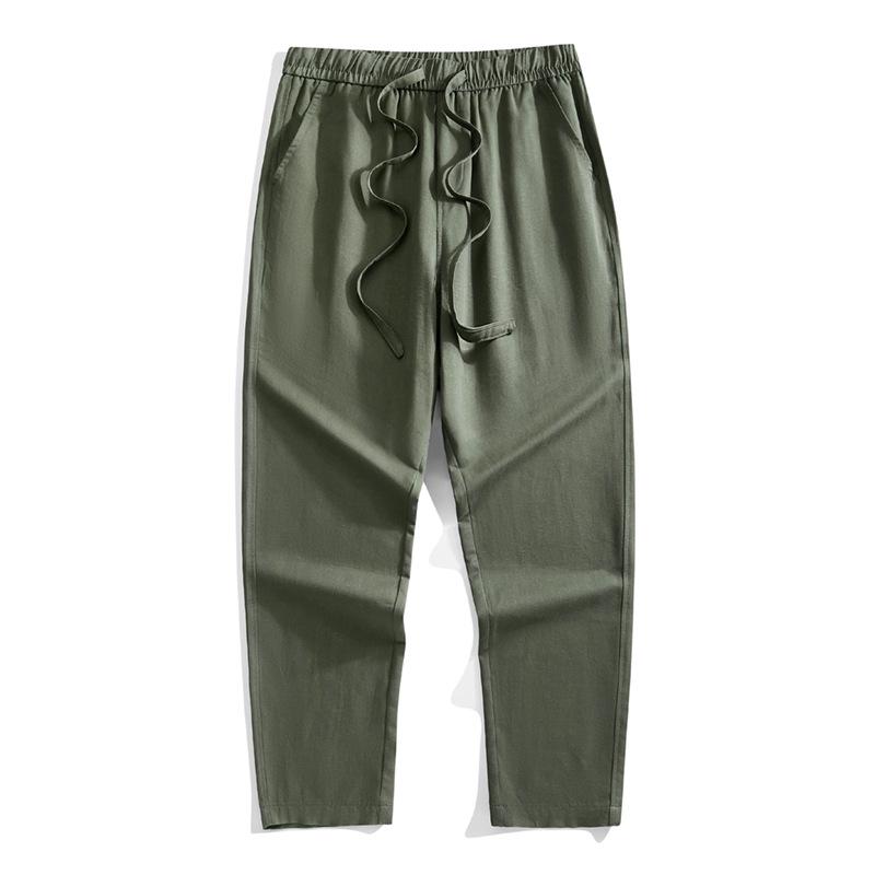 Men's Summer Lightweight Cotton-Linen Trousers with Elastic Waist and Straight Leg