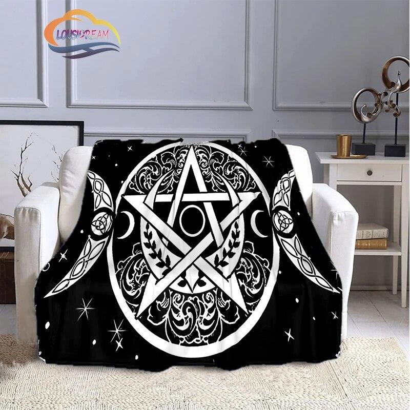 Pentacle & Moon flanellfilt, Skull Witchy Wicca Pagan Black and White Mystical Gothic Solfilt