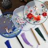 Chinese Style Embroidery Round Fan Long Handle Flower Silk Fan Vintage Hand Fan  Performance Props