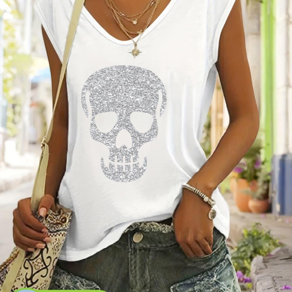Ladies sleeveless V-neck T-shirt with personalized skull print design S
