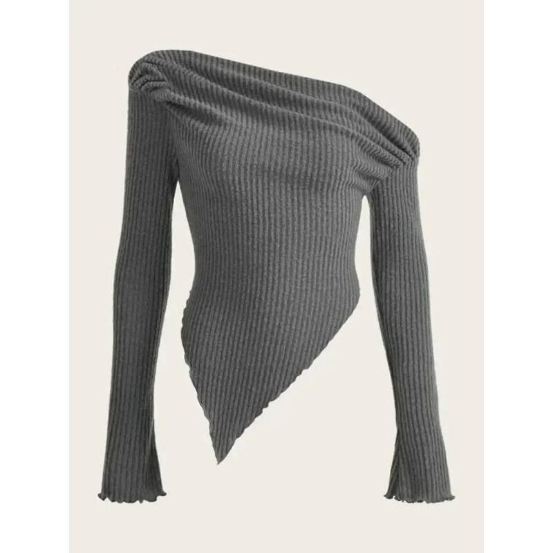 

Женская однотонная осенне-зимняя гранжевая асимметричная трикотажная футболка без бретелек с длинным рукавом повседневный свитер с платком по низу S серый