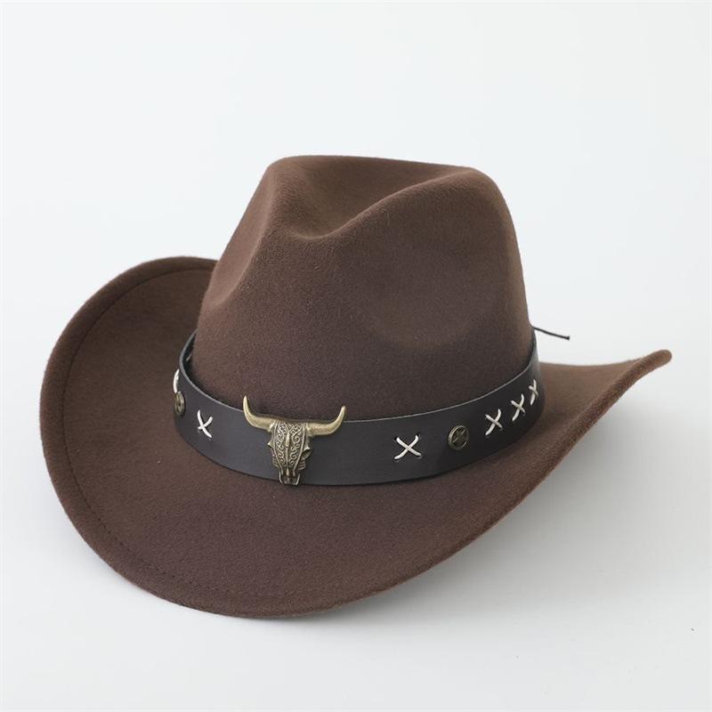 Hot-selling top hat, ethnic style cow head, western cowboy top hat, rolled brim, retro riding hat, woolen felt hat