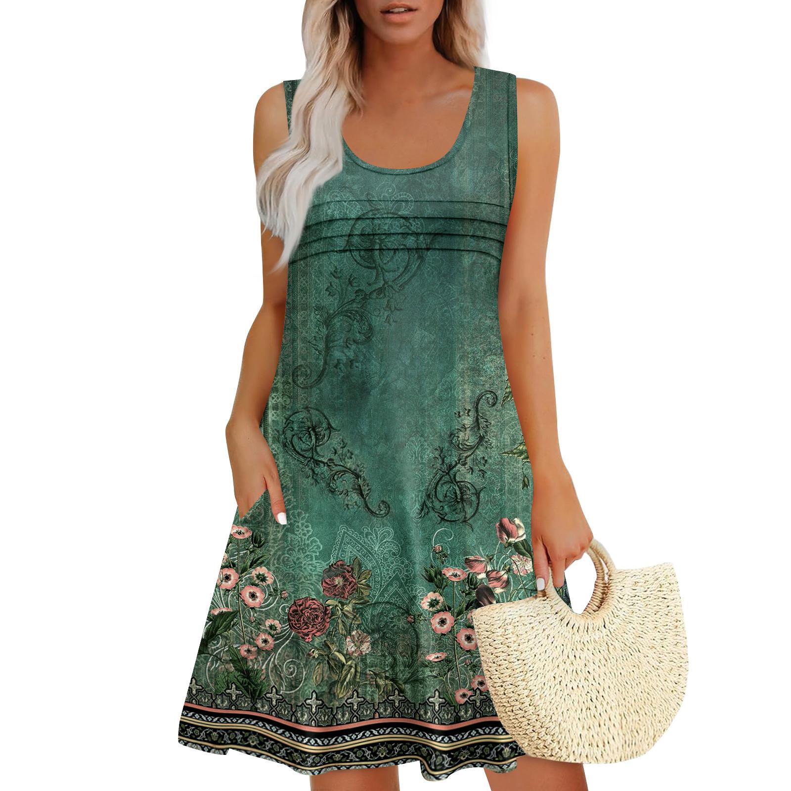 

Женские летние платья, свободные сарафаны без рукавов с U-образным вырезом и карманами XL