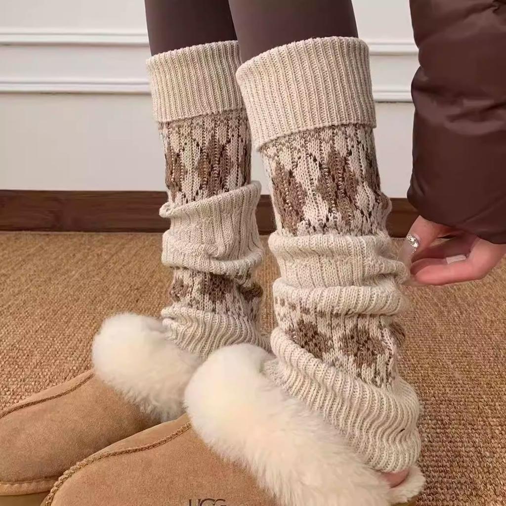 Fair Island Jacquard Retro With Pantyhose Knitted Calf Cover Women'S Autumn And Winter Thickened Warm Wool Stockings