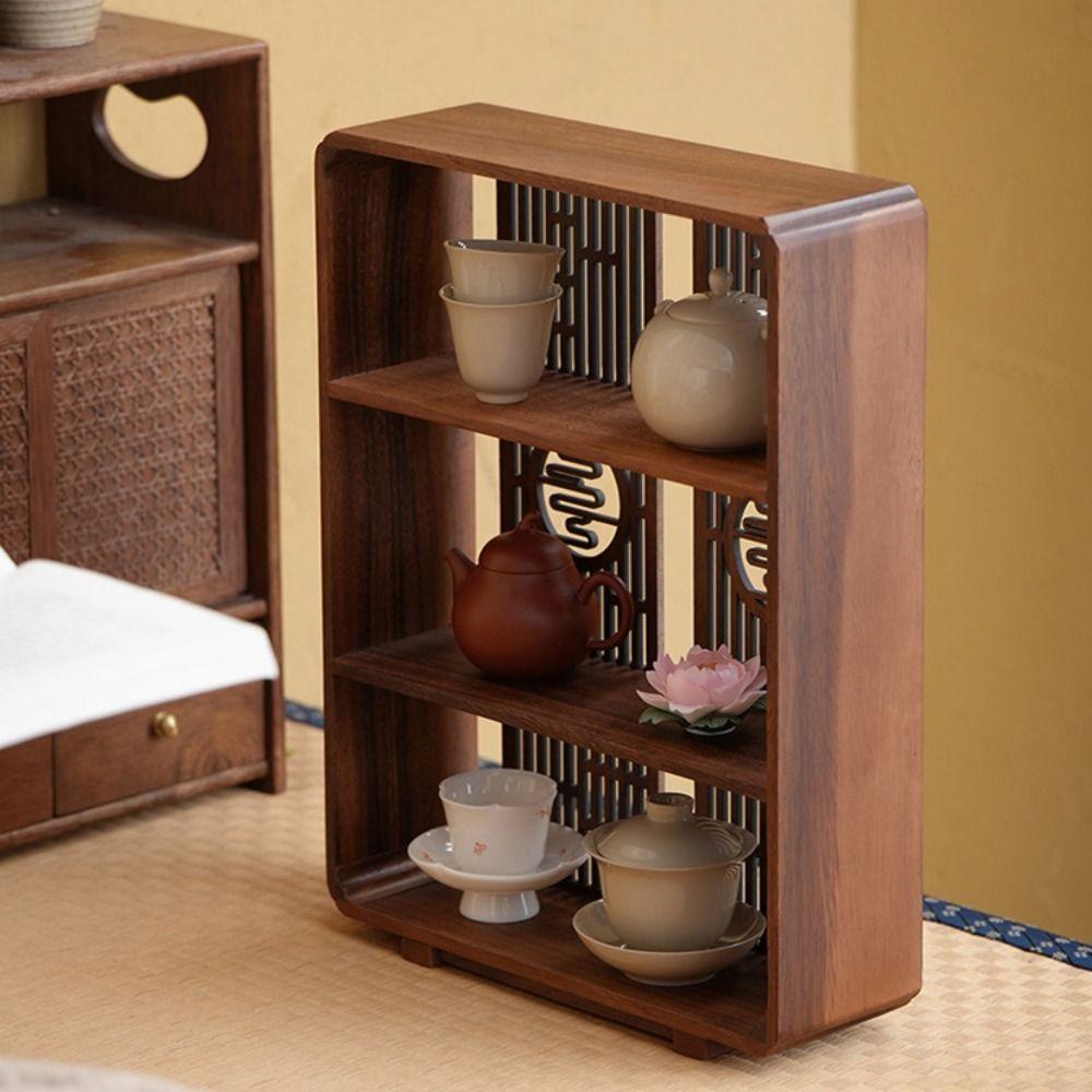 Window Lattice Chinese Walnut Display Shelf Walnut Wood Tea Organizer Living Room