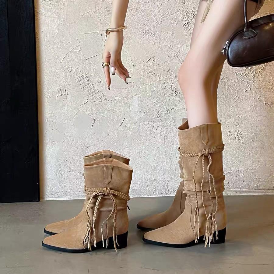 2025 Retro Post-Apocalyptic Tassel Knight Over-the-Knee Chunky Heel Boots for Women