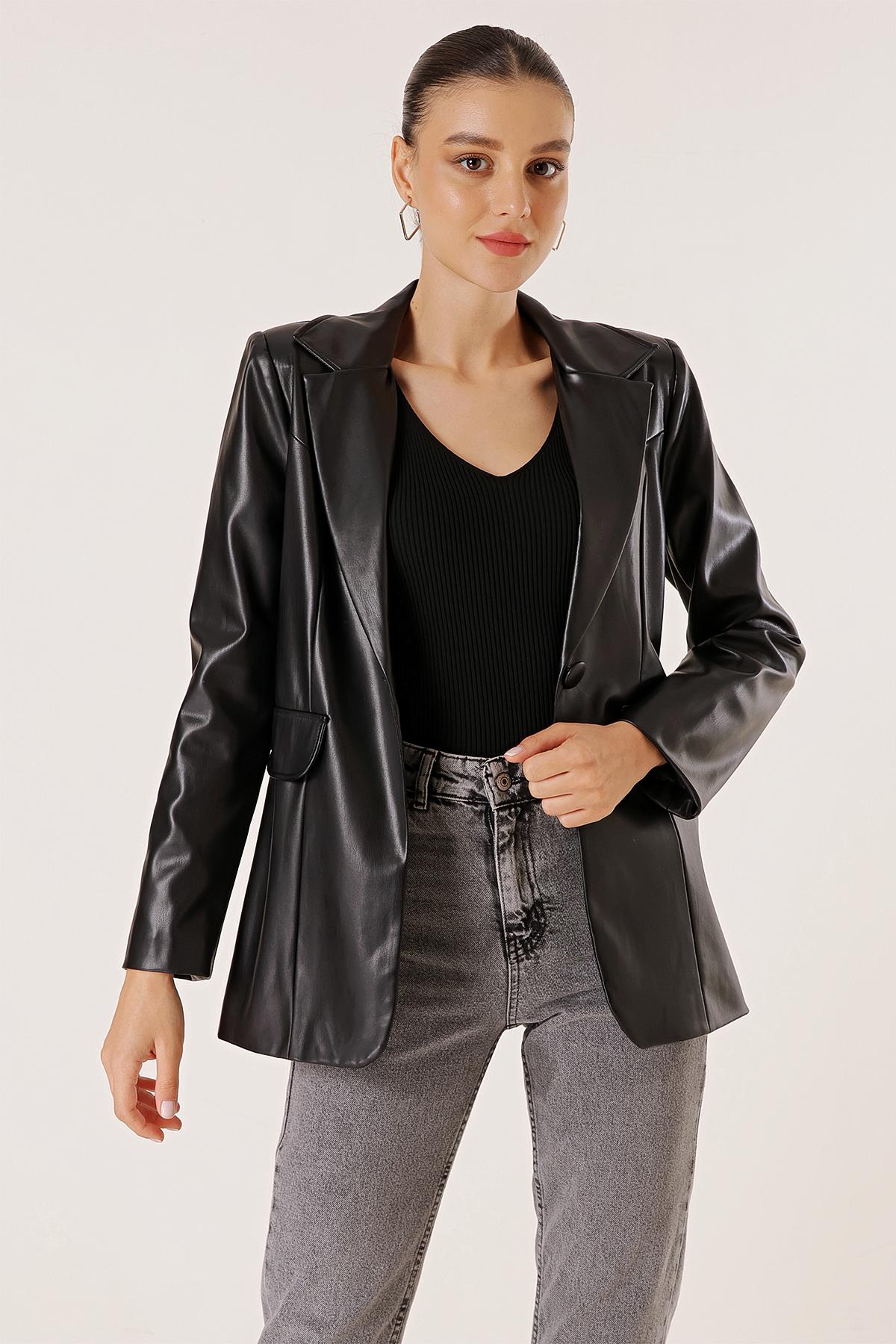 

Single Button Fake Pocket Lined Leather Jacket S чорний