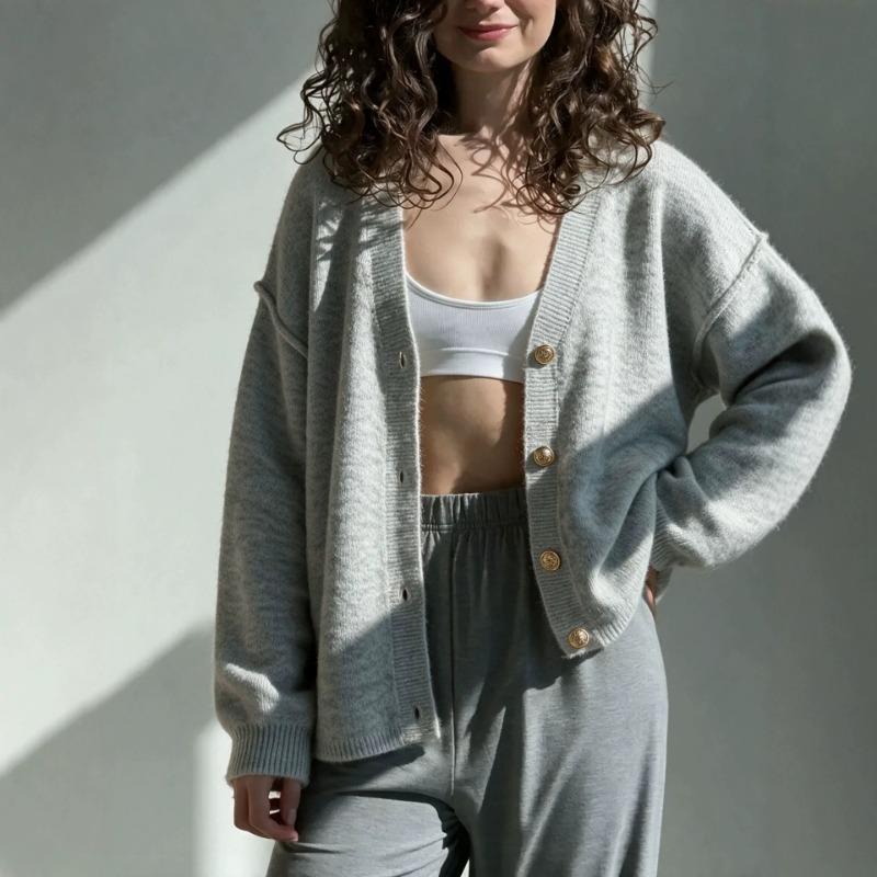 Women S V Neck Long Sleeve Buttoned Knit Cardigan Lazy Casual Loose Sweater