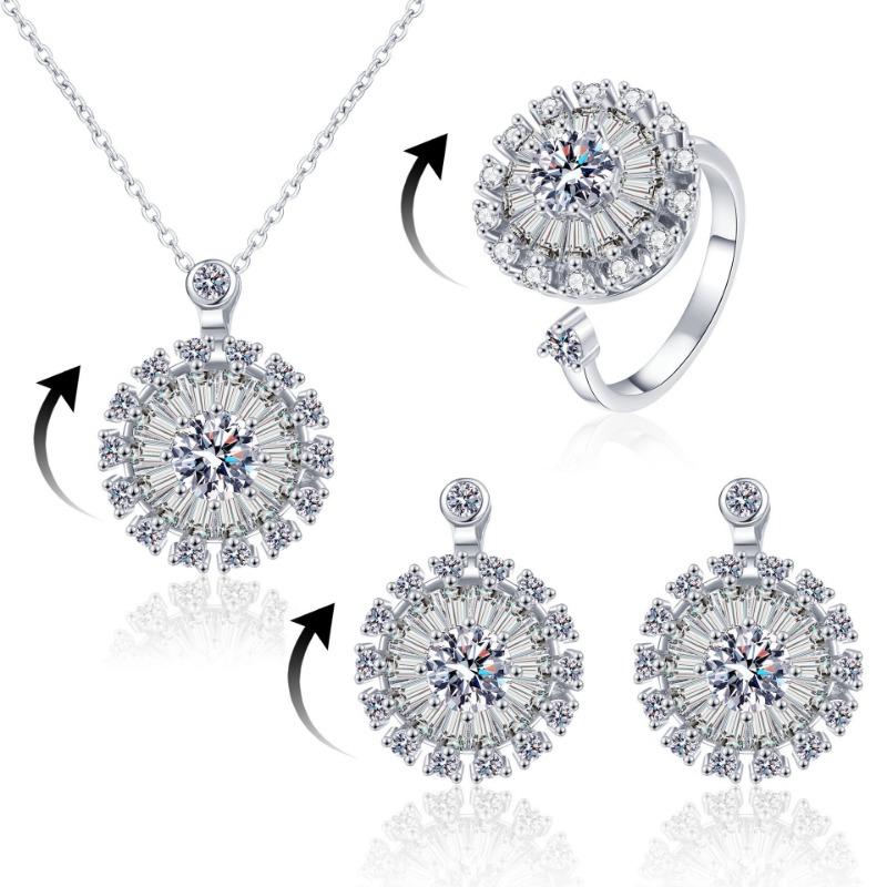 Stylish Rotatable Sun Flower Earrings Ring Set Full of Diamond Small Daisy Clavicle Chain