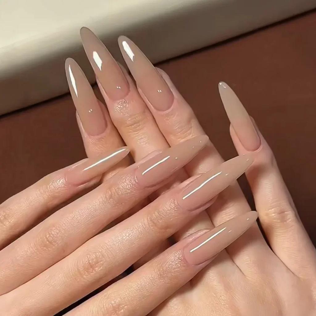 24Pcs Long Stiletto Almond Pure Color False Nails with Glue Simple Fake Nails Press on Nails Full Cover Artificial Nail Tips