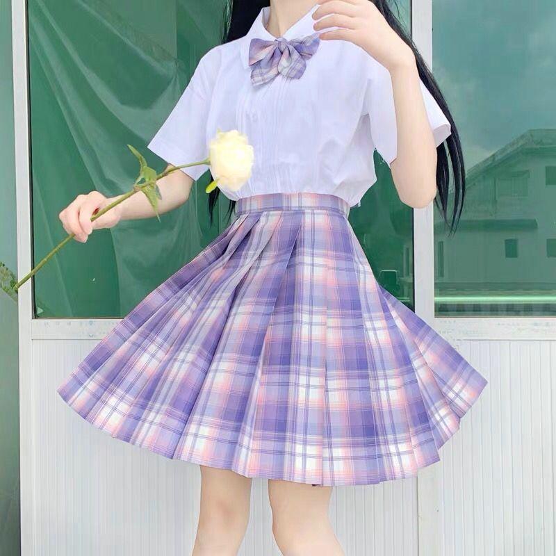 JK Skirts Women Summer High Waist Skirts Korean Style Pleated Skirts for Girls Cute Sweet Ladies Plaid Mini Skirt Shirt Bow Tie Women Set