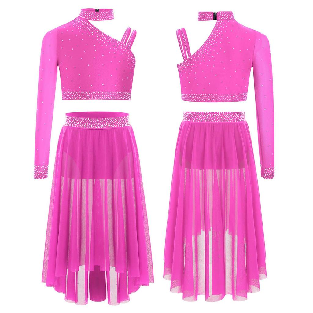 Complete Lyrical Performance Outfit for Girls Unique Shoulder Design Crop Top & Flowy Irregular Hem Mesh Skirt Set