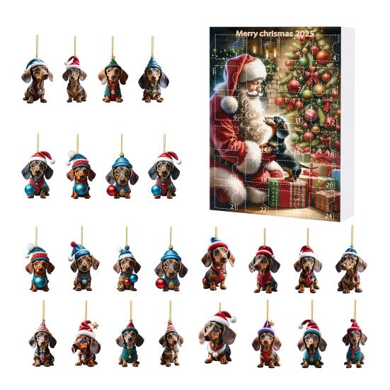Christmas Dachshund Advent Calendar 2025 Xmas Countdown Calendar 2D Cartoon Dachshund Hanging Decorations Happy New Year Gift for Kids