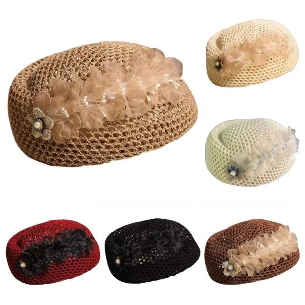 Korean Floral Painter hat French Women Knit Fabric Cap Versatile Hollow Out Beret Spring