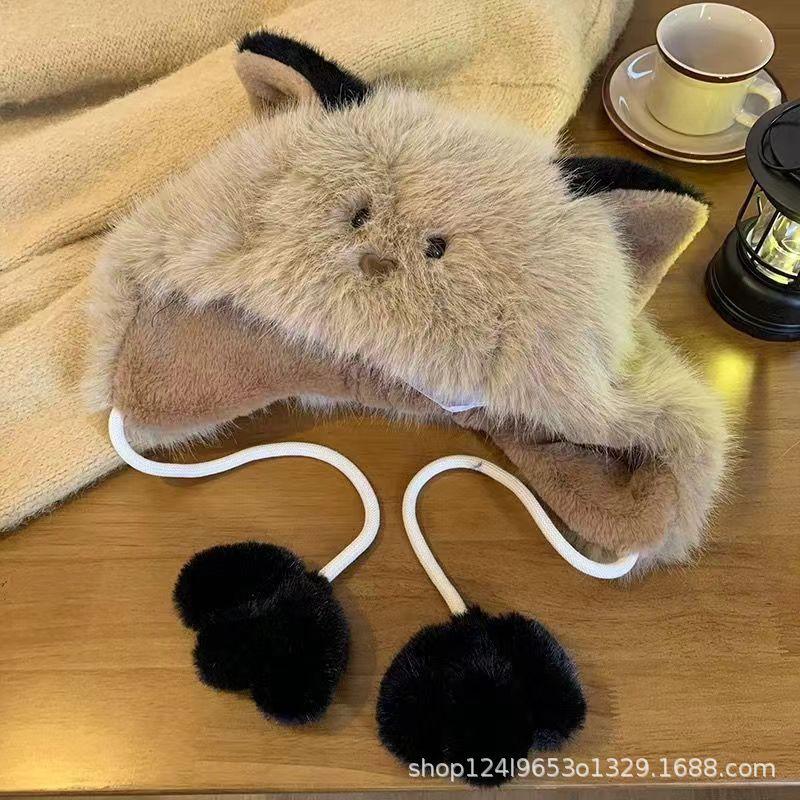 

Cute fox ears plush hat scarf integrated women s winter cycling thickened warm ear protection One Size хакі