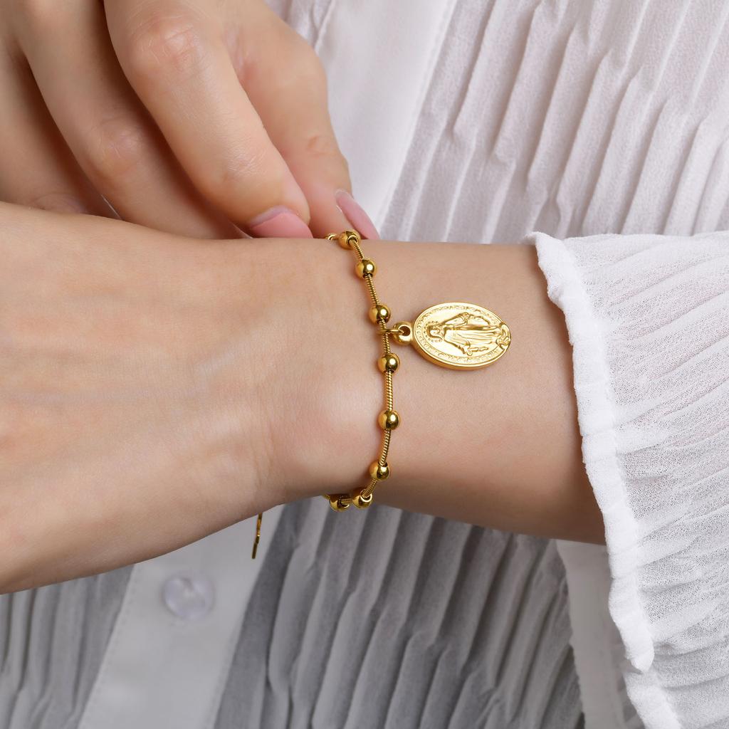 Rosary Bracelet Gold Plated Stainless Steel Religious Cross And Virgin Mary Prayer Bracelets Jewelrygifts  For Women Girls