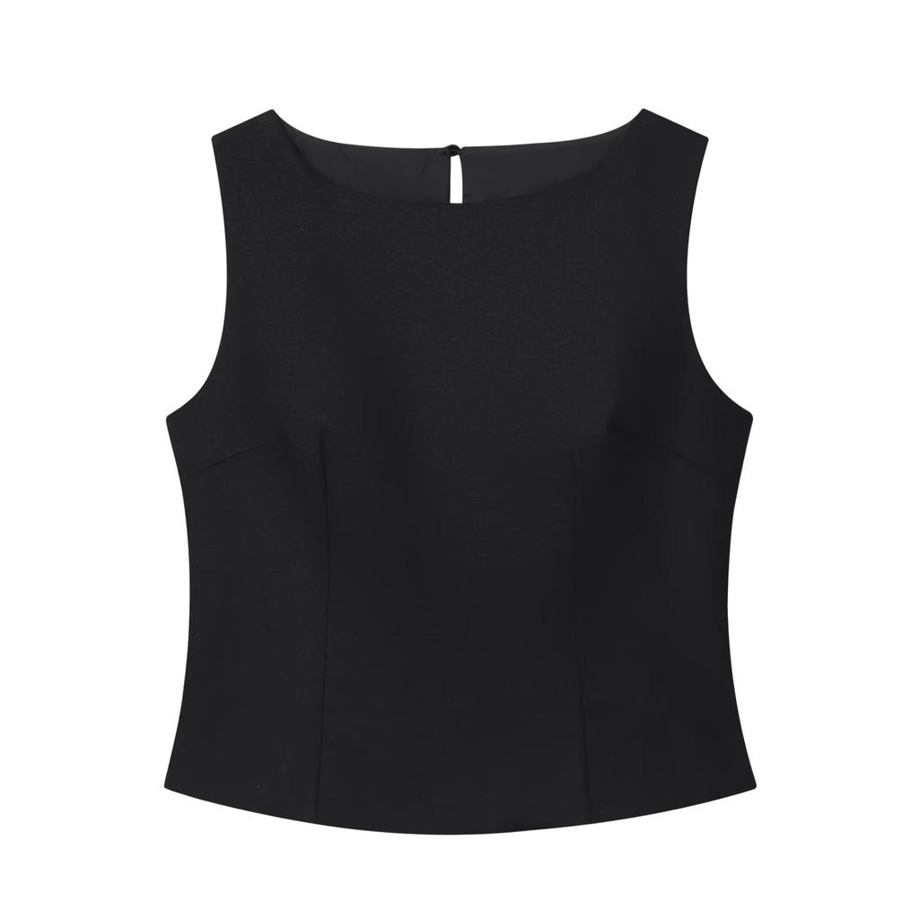 European and American Style, New Women's Clothing, Black and White Cotton and Linen Sleeveless Top, Solid Color Cotton and Linen Pleated Skirt