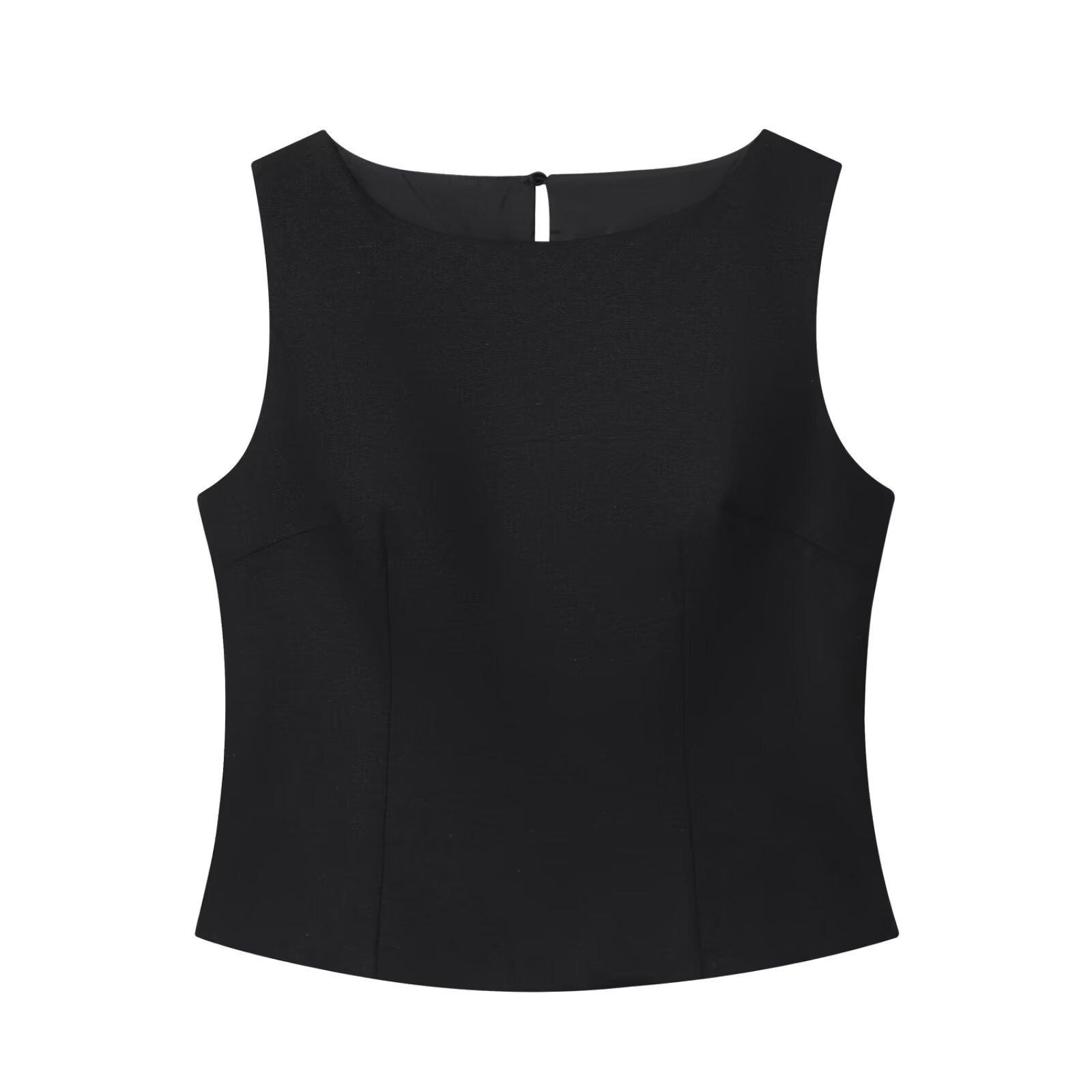 European and American style, new women s clothing, black and white cotton and linen sleeveless top, solid color cotton and linen pleated skirt S
