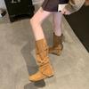 2025 new retro western cowboy boots women's soft pleated stacked boots inner height-increasing boots medium tube fashion