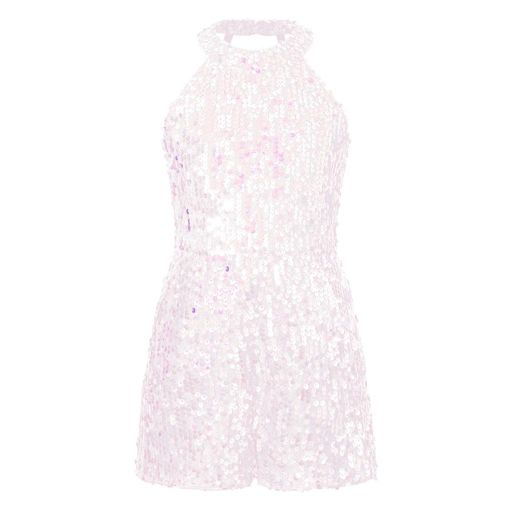 Tuta senza maniche per bambina con paillettes all-over e stile pagliaccetto corto per occasioni speciali