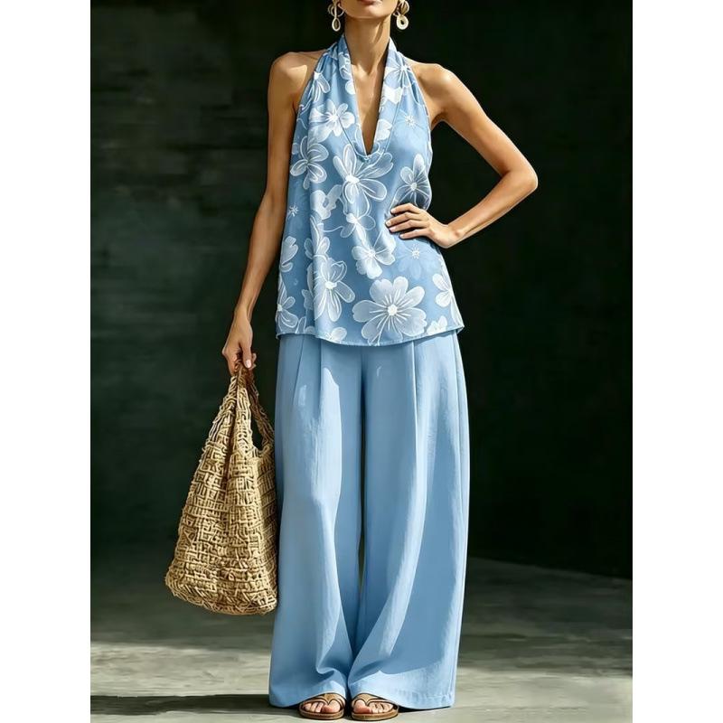 1116 Summer Cool Neck Suit Women's Temperament V-Neck Off-Shoulder Top + High Waist Wide Leg Pants Two-piece Set