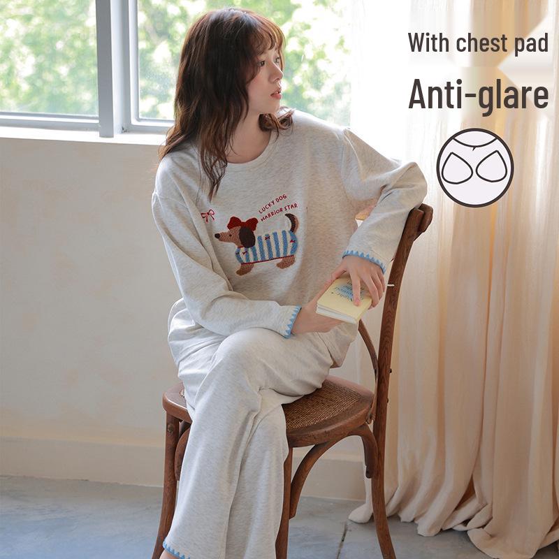 

2026 Spring Women s 100% Cotton Pajamas with Built-in Bra, Long Sleeve Cartoon Pullover Set for Home or Out Medium (M)