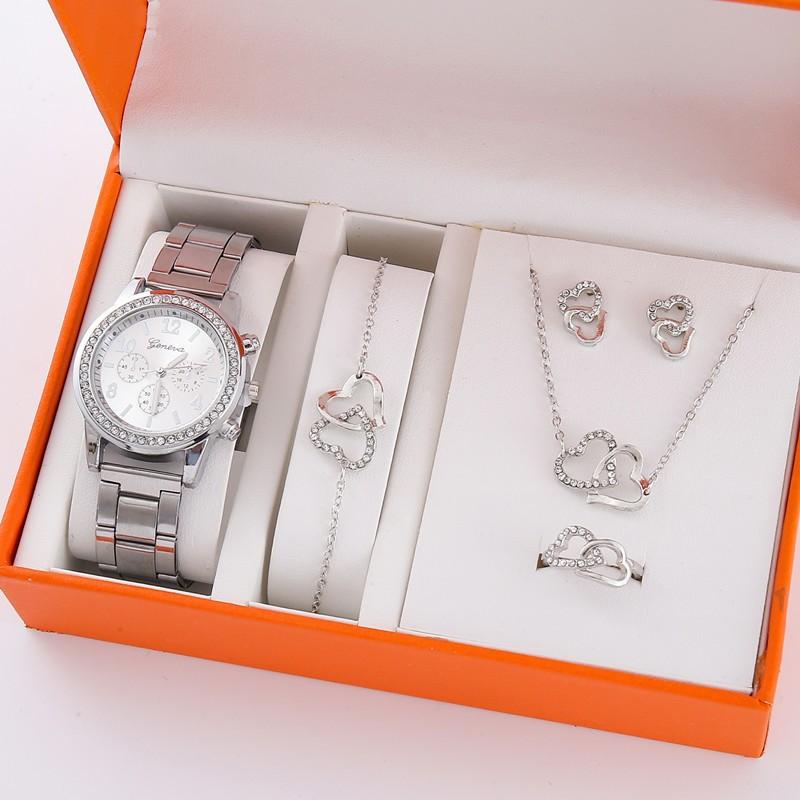 Three-eye Watch with Diamond Alloy Steel Belt Watch Women's Geneva Quartz Watch Set