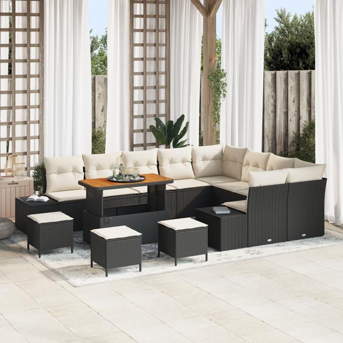 Ensemble de Canapés de Jardin 13 Pièces avec Coussins Noir Poly Rattan Acacia, Ensemble de salle à manger jardin Pièces 3362830