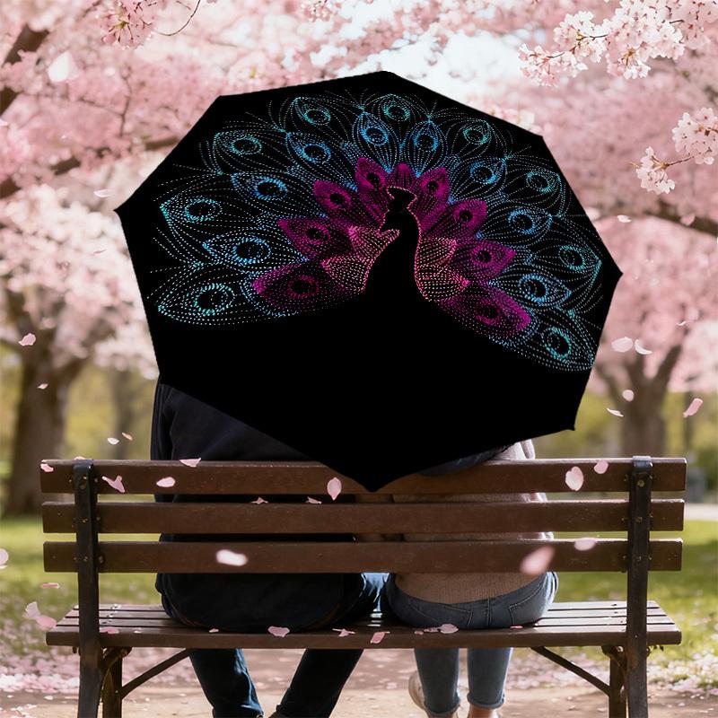 1pc Peacock Feather Automatic Folding Umbrella 8 Rib Iron Frame,  Suitable for Travel, Daily Use, Birthday, Women & Men Gift