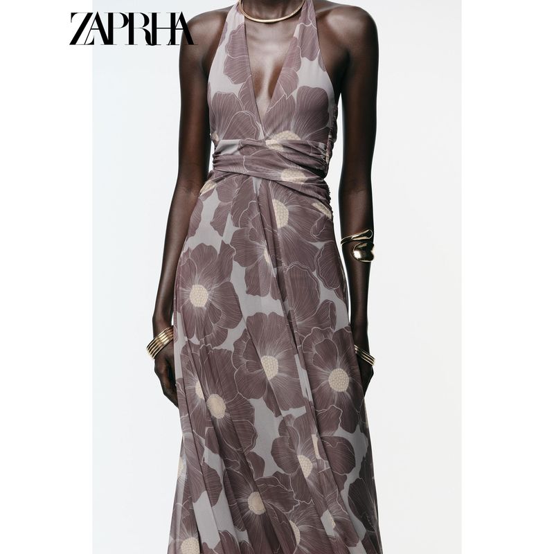 Zaprha 2025 Autumn New Pleat Print Hollow Silk Mesh Double Placket Hanging Collar Length Dress 5039145