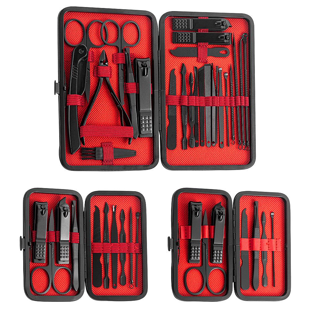 24-Piece Black & Red Manicure Set: Nail Clipper, Tweezers, Ear Pick, Scissors