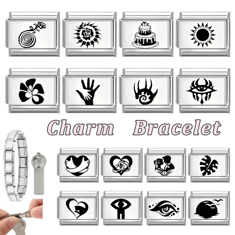 Fashion Girls' Eye Cake Sunset Butterfly Flower Cat Laser Engraving Charm Links Fit 9mm Stainless Steel Bracelet DIY Making Gift