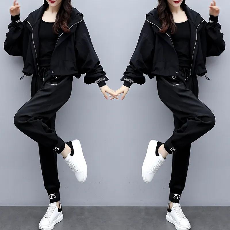 Women's Spring and Autumn Color Blocking Casual Suit Hooded Jacket + Pants Sports Aging Two Piece Set